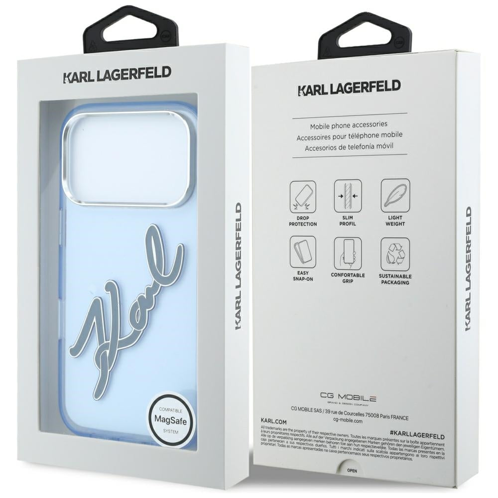 Hülle für Apple iPhone 18 Pro Max / 17 Pro Max, Karl Lagerfeld, IML Big Signature Resin Logo Metallrahmen, Blau