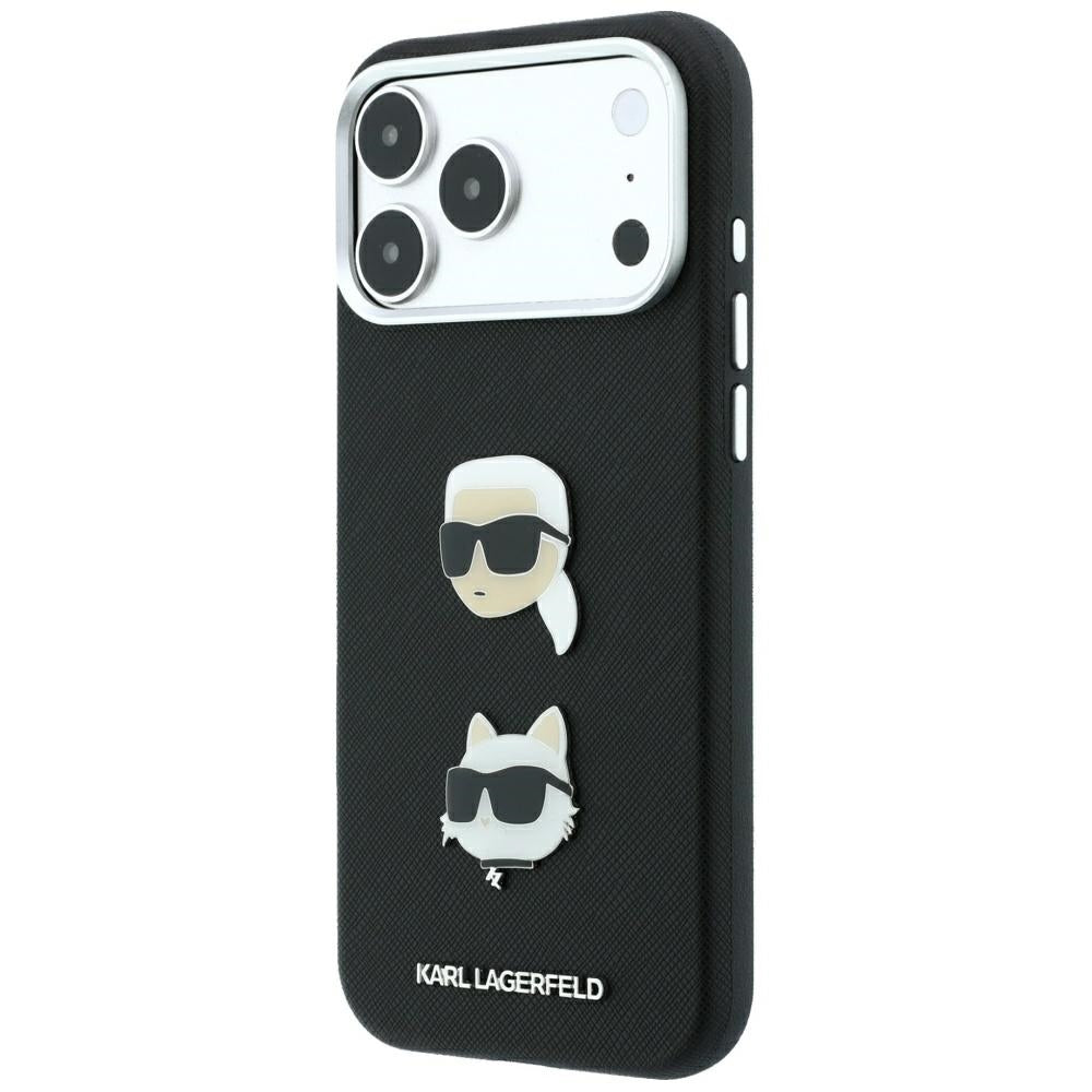 Hülle für Apple iPhone 18 Pro Max / 17 Pro Max, Karl Lagerfeld, Saffiano mit Karl & Choupette Kopf-Pin und Logo, Schwarz