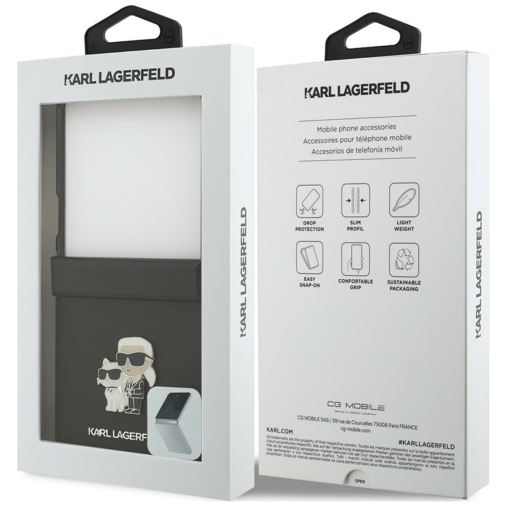 Hülle für Samsung Galaxy Z Flip8 F776, Karl Lagerfeld, Saffiano Karl & Choupette Metall-Pin, Schwarz