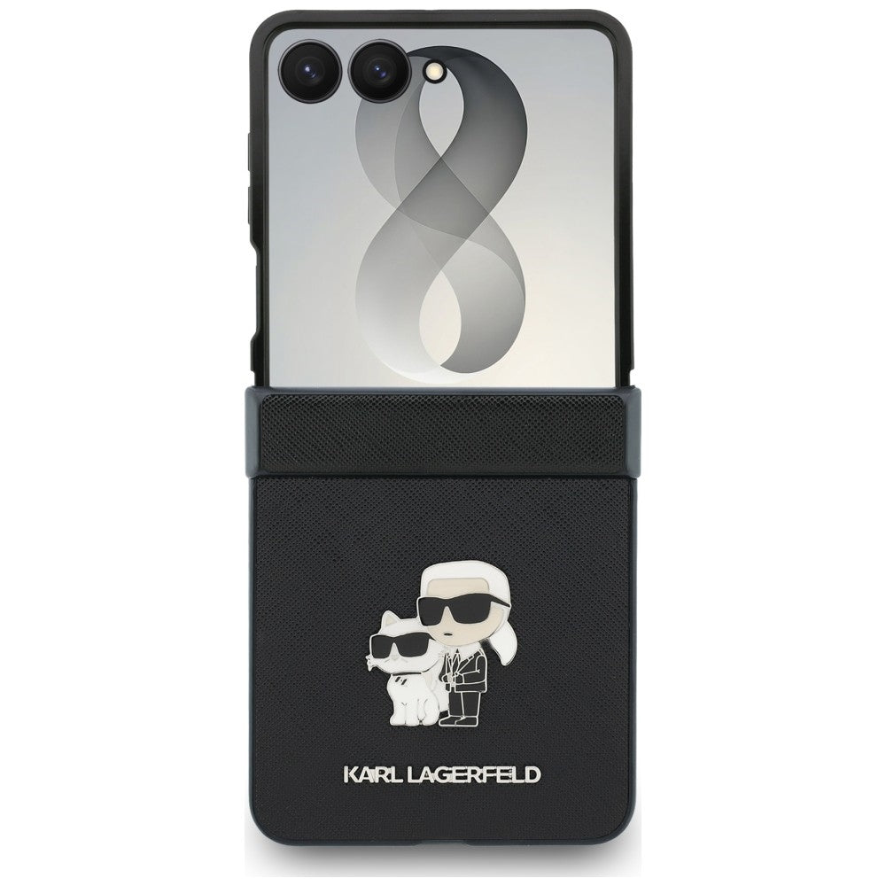 Hülle für Samsung Galaxy Z Flip8 F776, Karl Lagerfeld, Saffiano Karl & Choupette Metall-Pin, Schwarz