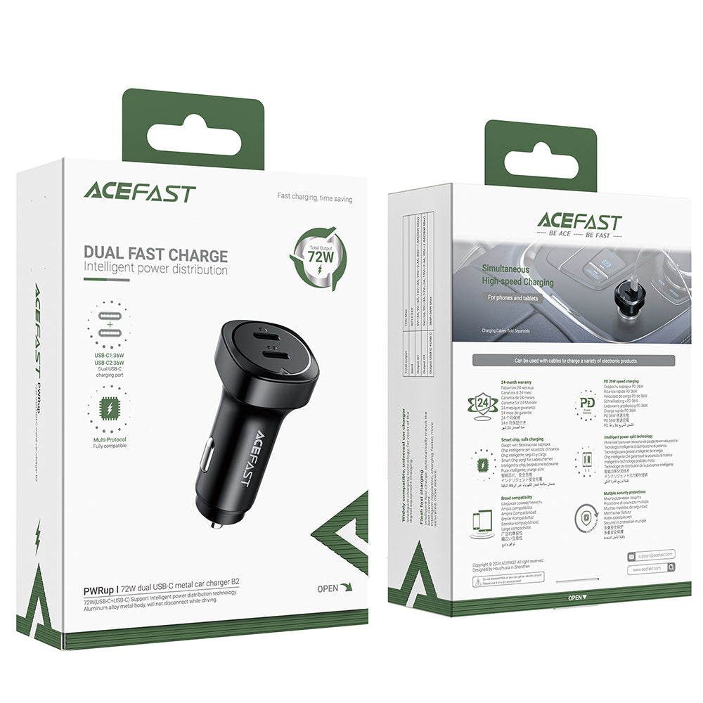 Auto-Ladegerät Acefast B2, 72W, 3A, 2 x USB-C, Schwarz