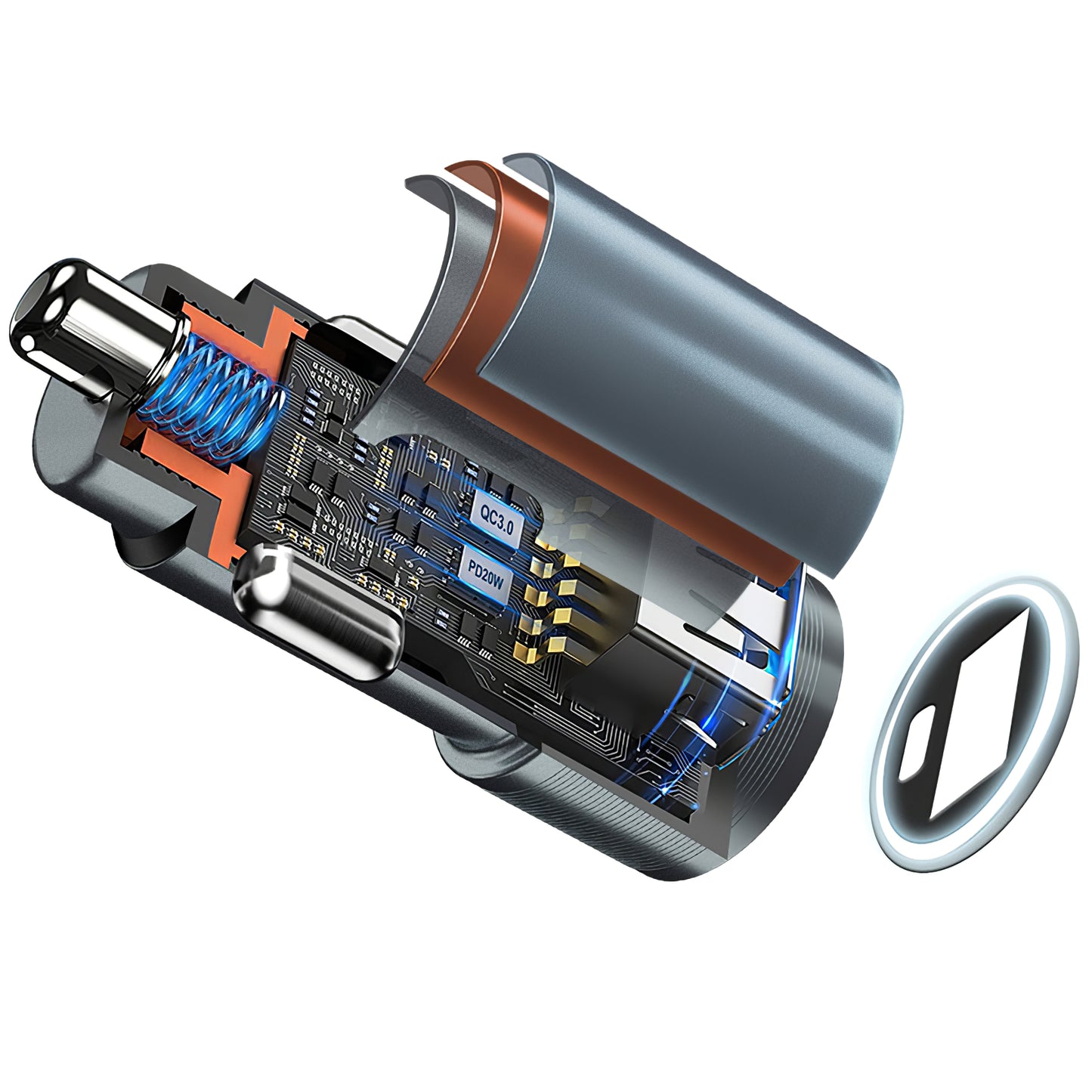 Autoladegerät BWOO BO-CC73, 38W, 3A, 1 x USB-A - 1 x USB-C, Silber