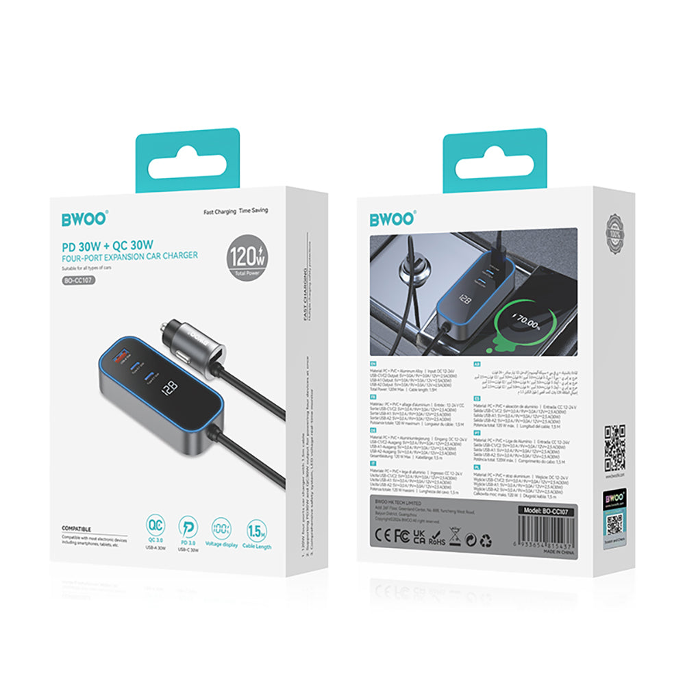 Auto-Ladegerät BWOO CC107 Display, 120W, 3A, 2 x USB-A - 2 x USB-C, Schwarz