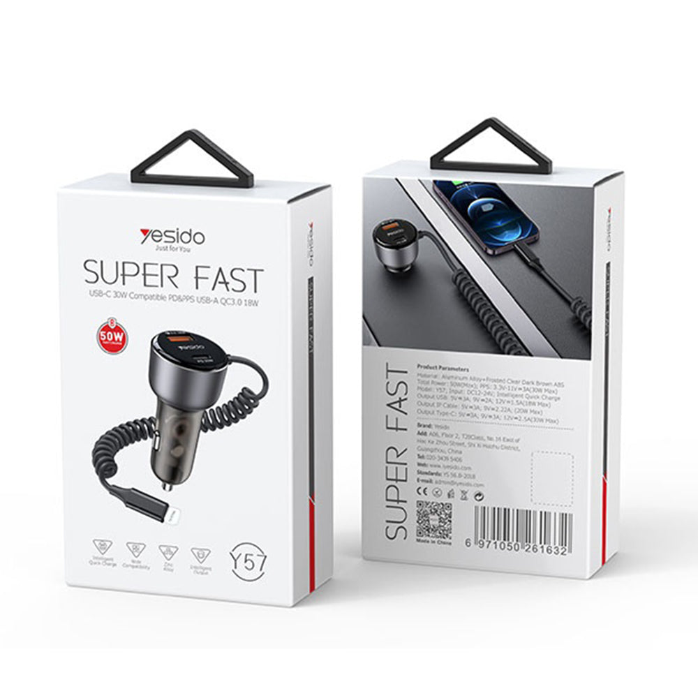 Autoladegerät mit Lightning-Kabel Yesido Y57, 50W, 3A, 1 x USB-A - 1 x USB-C, Schwarz