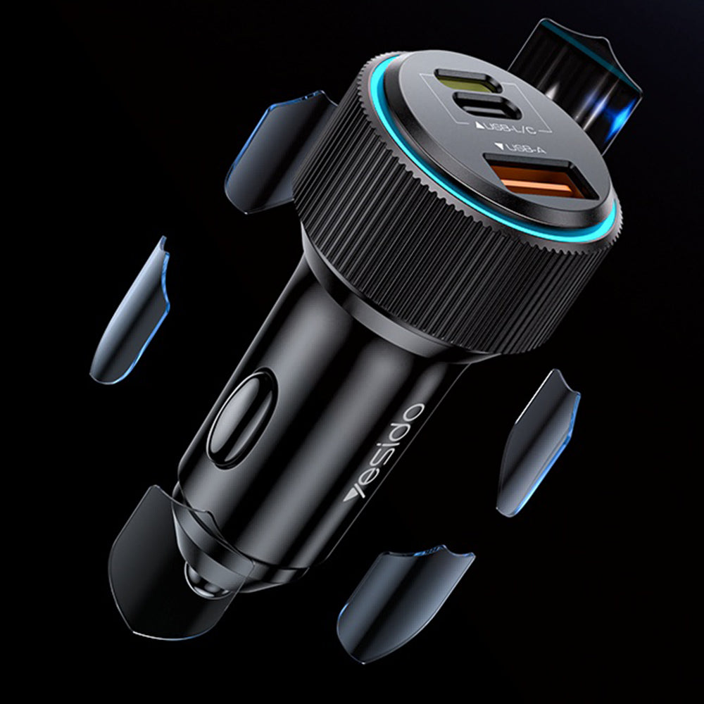 Auto-Ladegerät mit Lightning-Kabel Yesido Y60, 38W, 3A, 1 x USB-A - 2 x USB-C, Schwarz