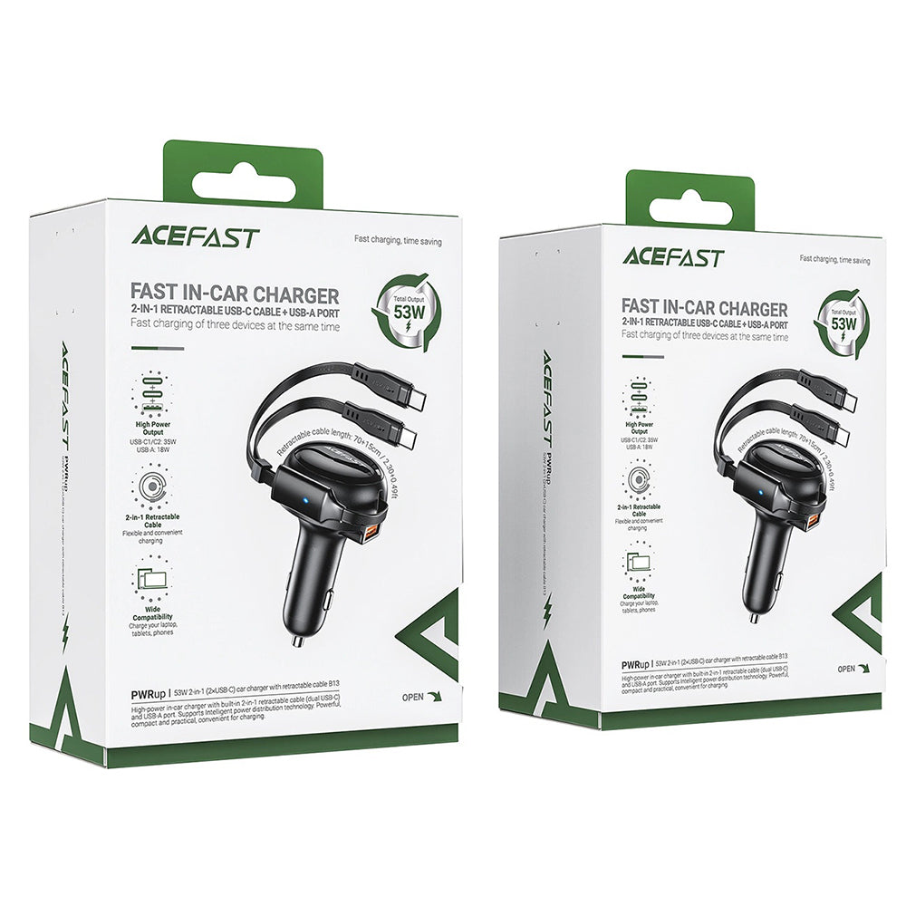 Auto-Ladegerät mit USB-C Kabel Acefast B13, 53W, 3A, 1 x USB-A, Schwarz