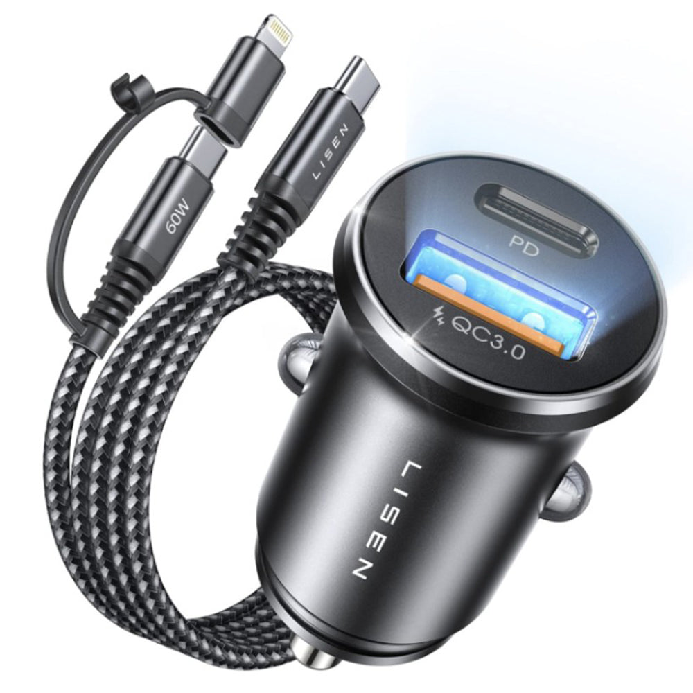 Car Charger with USB-C / Lightning Cable Lisen, 48W, 3A, 1 x USB-A - 1 x USB-C, Black YL0223080035