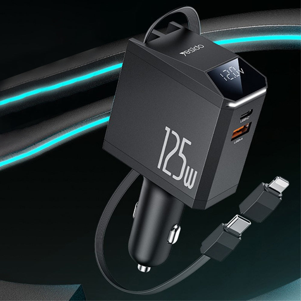 Auto-Ladegerät mit USB-C / Lightning-Kabel Yesido Y71 Display, 125W, 3A, 1 x USB-A - 1 x USB-C, Schwarz