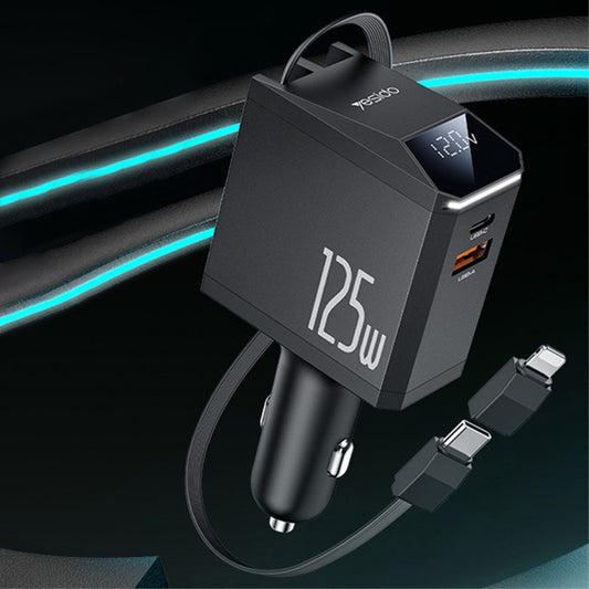 Auto-Ladegerät mit USB-C / Lightning-Kabel Yesido Y71 Display, 125W, 3A, 1 x USB-A - 1 x USB-C, Schwarz