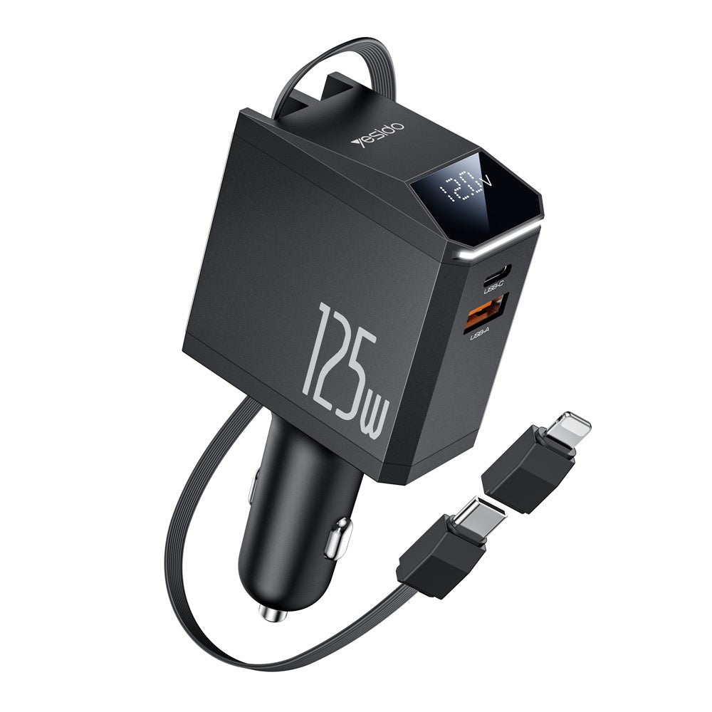 Auto-Ladegerät mit USB-C / Lightning-Kabel Yesido Y71 Display, 125W, 3A, 1 x USB-A - 1 x USB-C, Schwarz