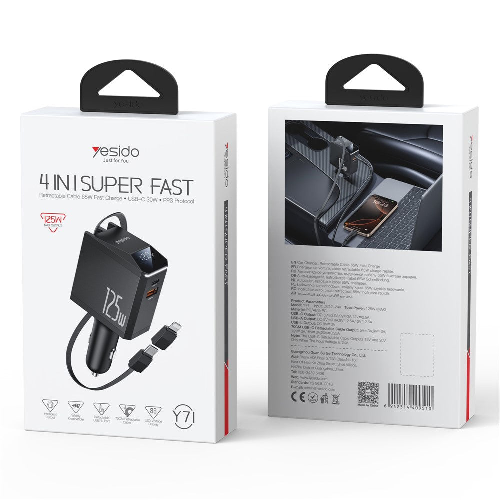 Auto-Ladegerät mit USB-C / Lightning-Kabel Yesido Y71 Display, 125W, 3A, 1 x USB-A - 1 x USB-C, Schwarz