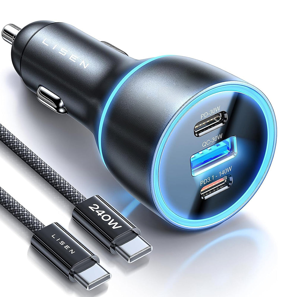 Lisen Car Charger with USB-C Cable, 170W, 5A, 1 x USB-A - 2 x USB-C, Black YL0224010001