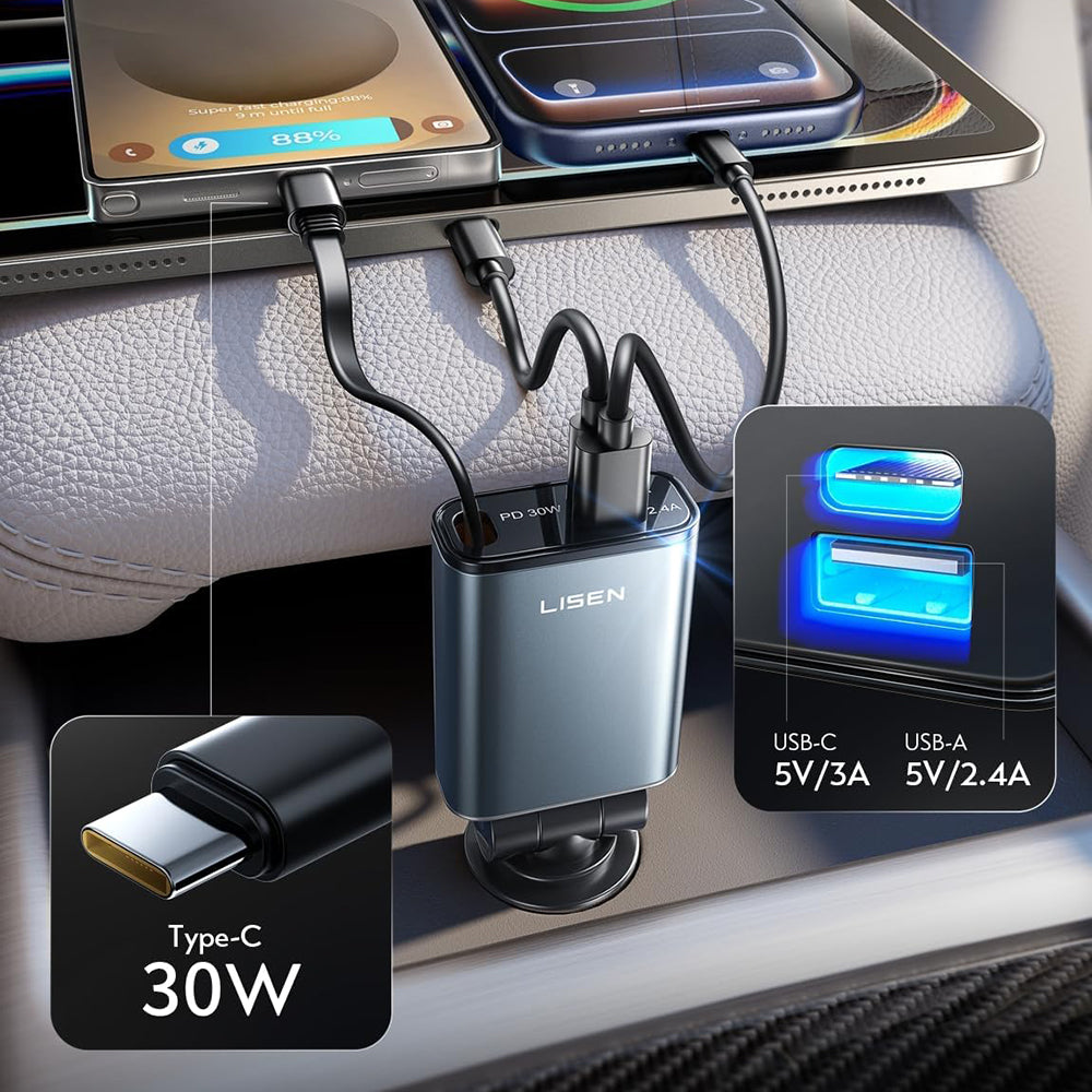 Auto-Ladegerät mit USB-C Kabel Lisen, 57W, 3A, 1 x USB-A - 1 x USB-C, Schwarz YL0325010016
