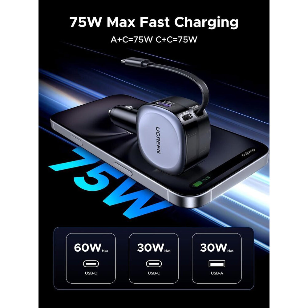 KFZ-Ladegerät mit USB-C Kabel UGREEN EC601, 75W, 3A, 1 x USB-A - 1 x USB-C, Grau