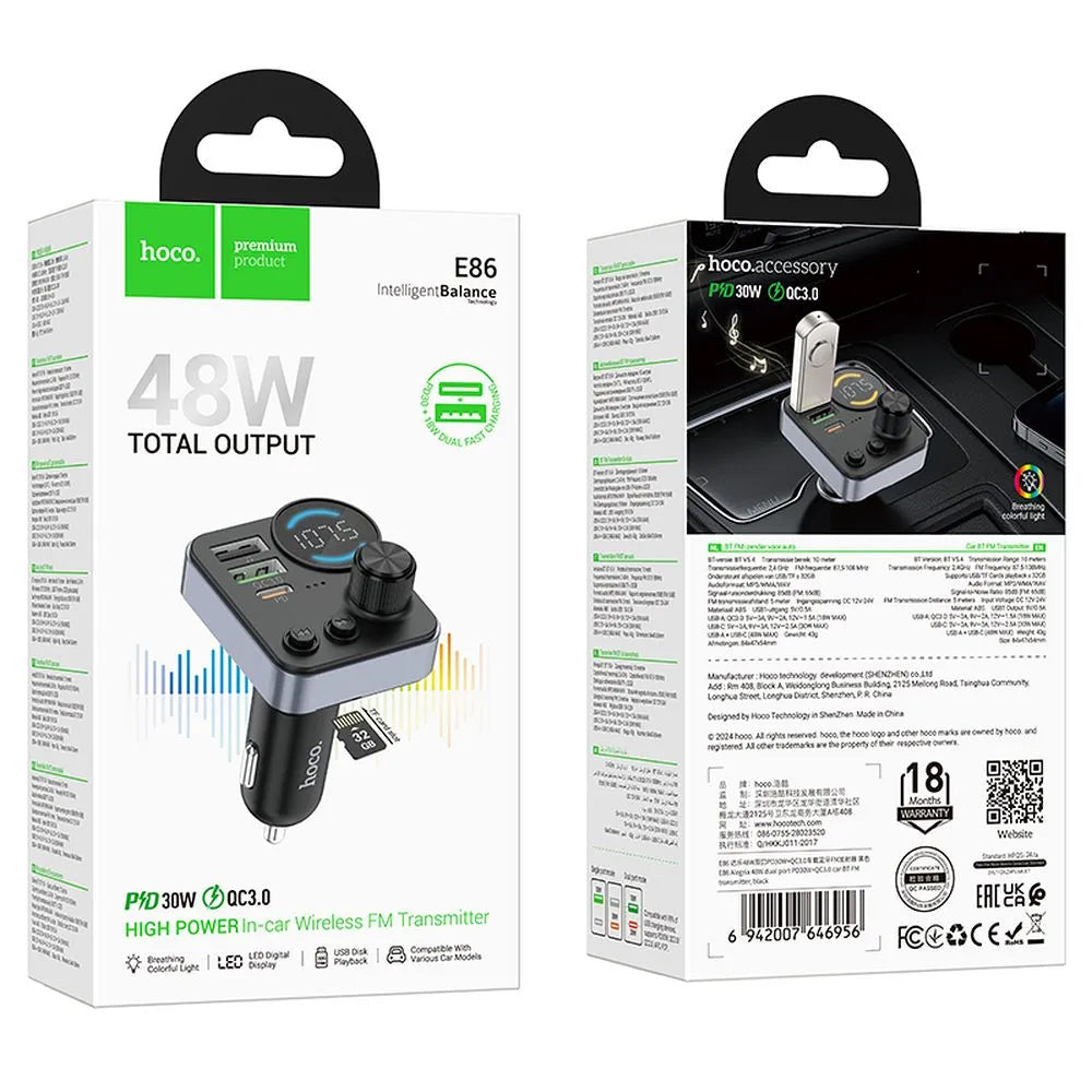 FM Bluetooth Modulator HOCO E86, 2 x USB-A - 1 x USB-C - 1 x microSD