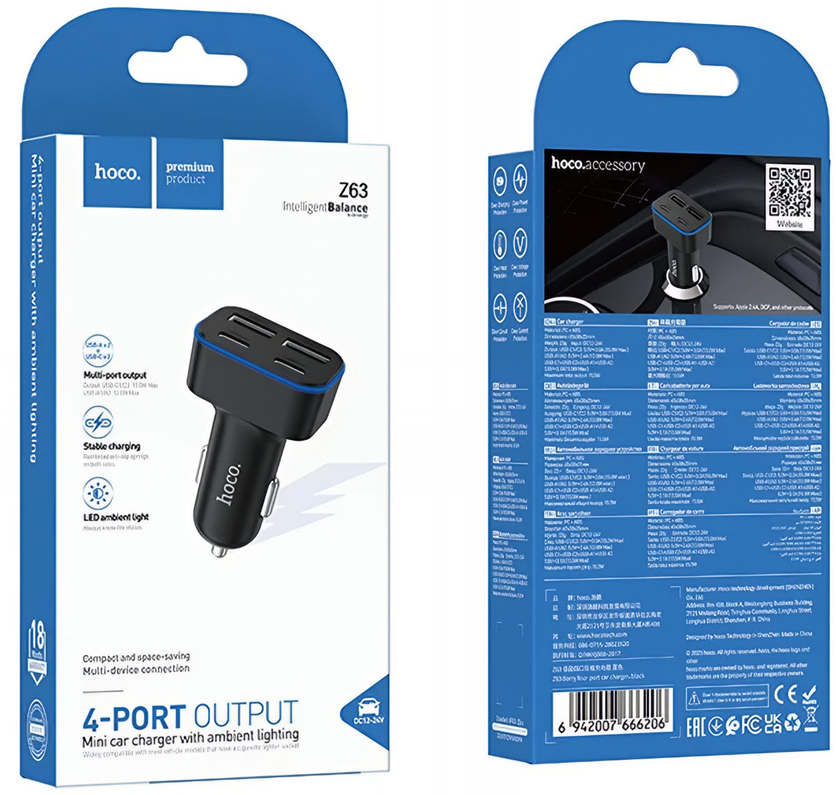 Auto-Ladegerät HOCO Z63, 42W, 3A, 2 x USB-A - 2 x USB-C, Schwarz