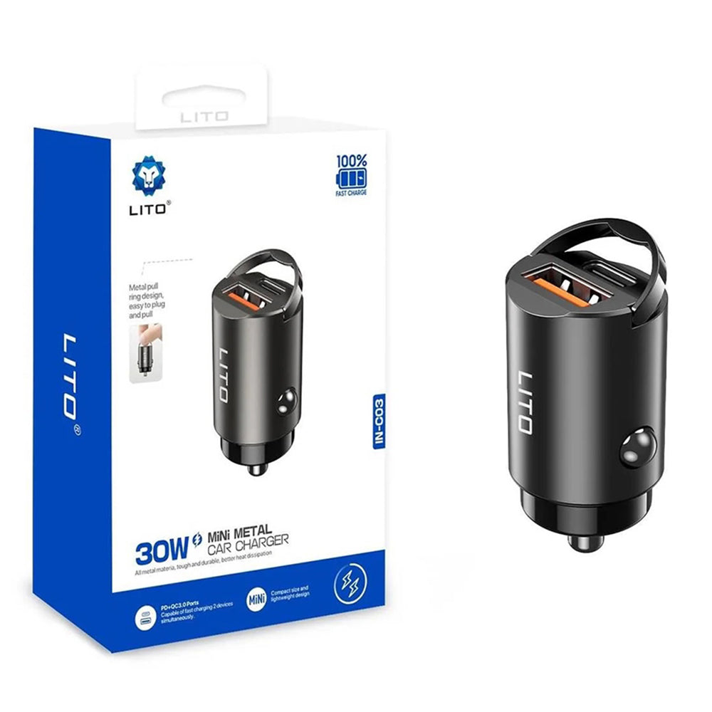 Auto-Ladegerät Lito IN-C03, 30W, 3A, 1 x USB-A - 1 x USB-C, Schwarz