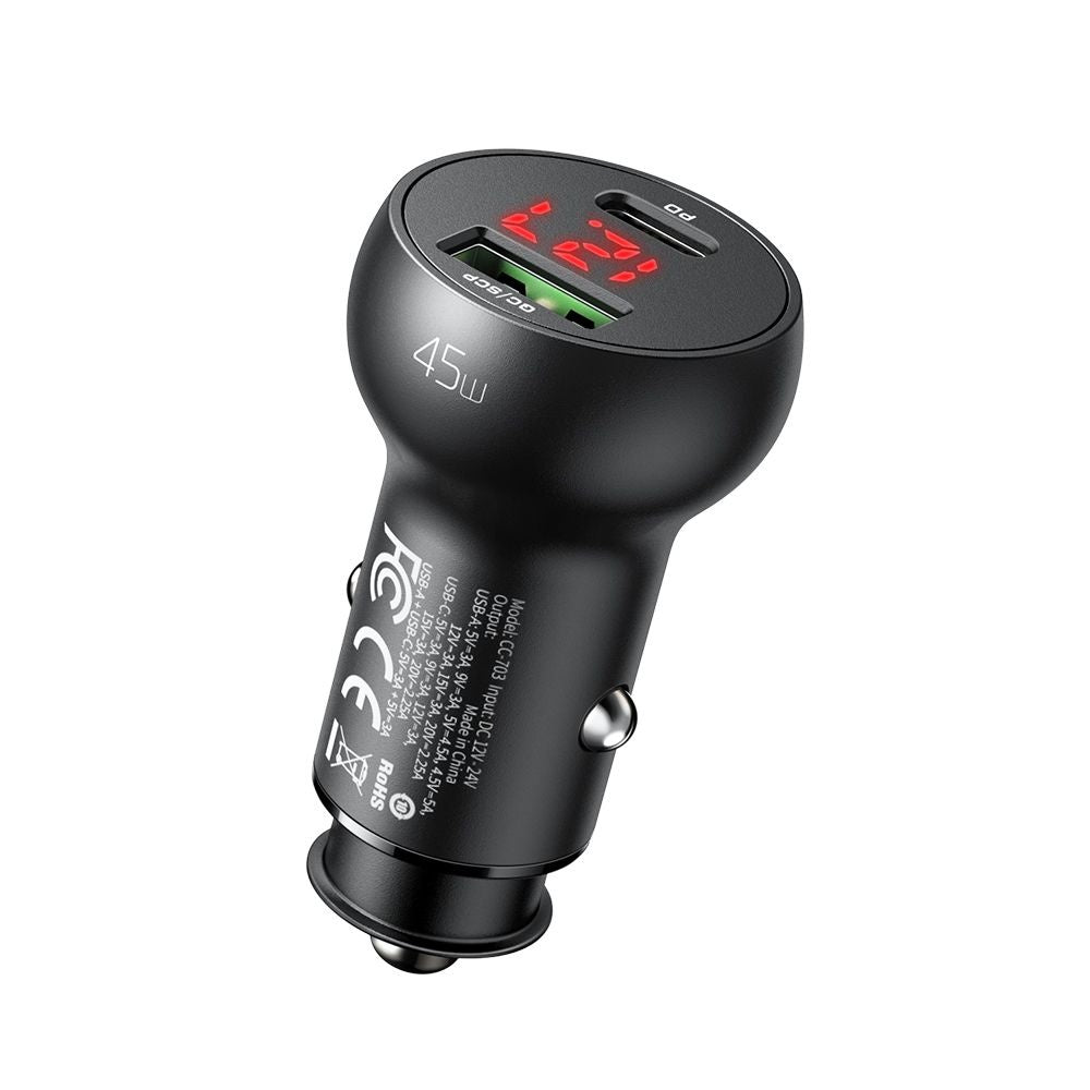 Auto-Ladegerät McDodo CC-7030 Display, 45W, 5A, 1 x USB-A - 1 x USB-C, Schwarz