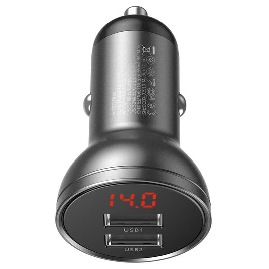 Baseus Autoladegerät mit Digitalanzeige, 24 W, 2,4 A, 2 x USB-A, Grau CCBX-0G
