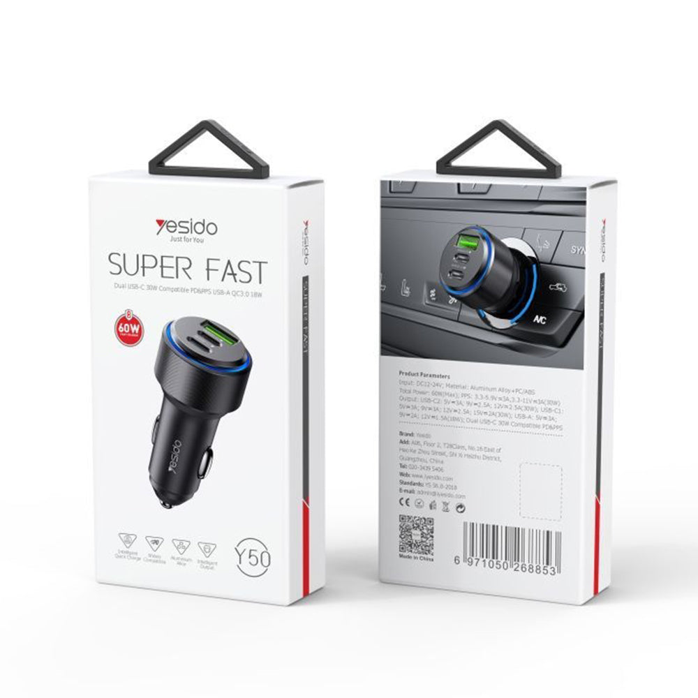 Auto-Ladegerät Yesido Y50, 60W, 3A, 1 x USB-A - 2 x USB-C, Schwarz
