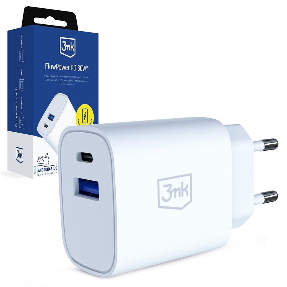 3MK FlowPower Netzladegerät, 30W, 1 x USB-A - 1 x USB-C, Weiß