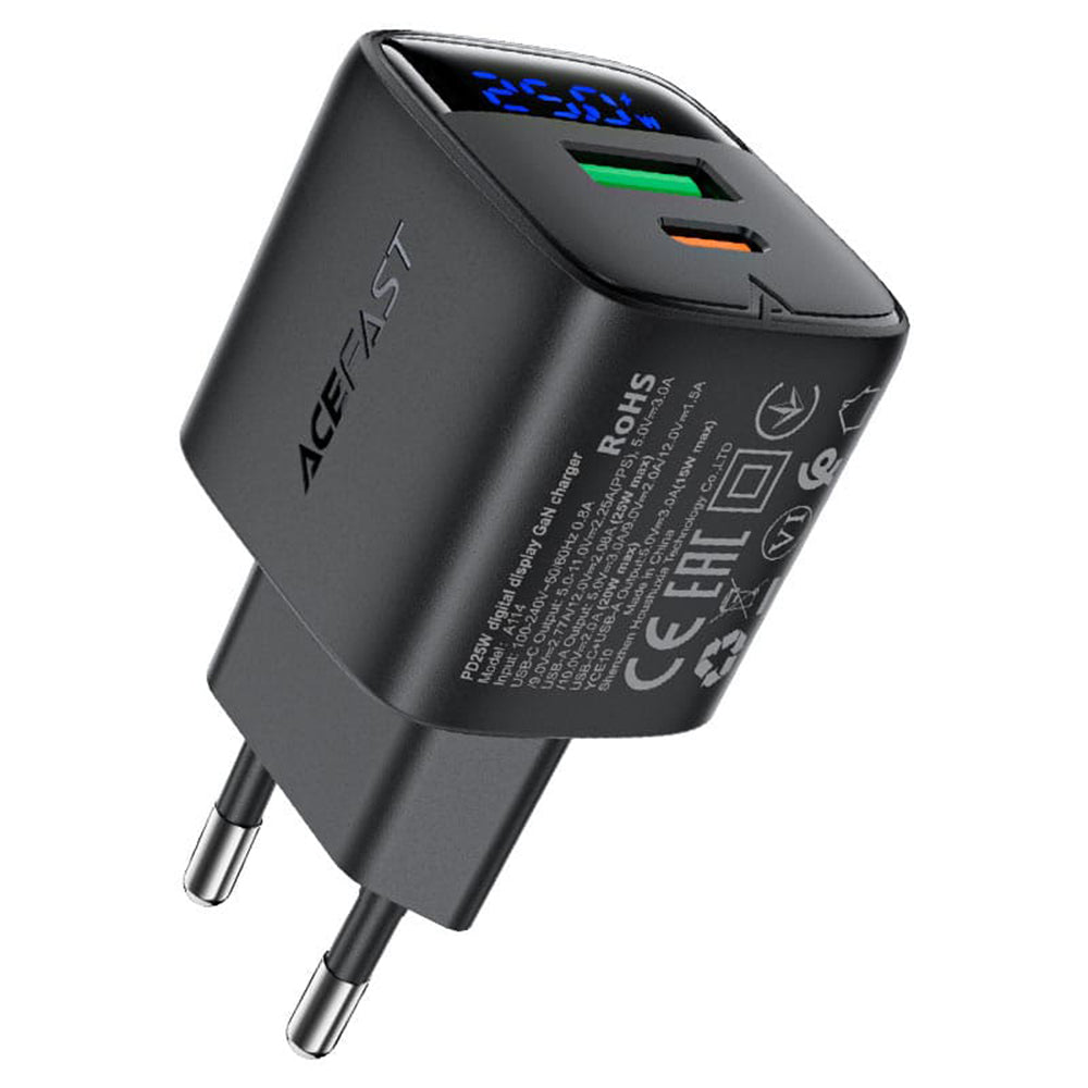 Acefast A114 Display Netzladegerät, 25W, 3A, 1 x USB-A - 1 x USB-C, Schwarz