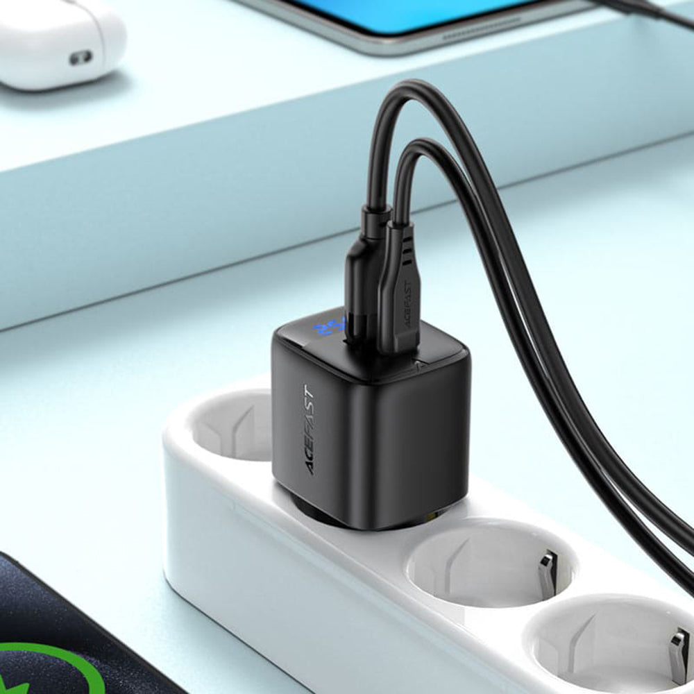 Acefast A114 Display Netzladegerät, 25W, 3A, 1 x USB-A - 1 x USB-C, Schwarz
