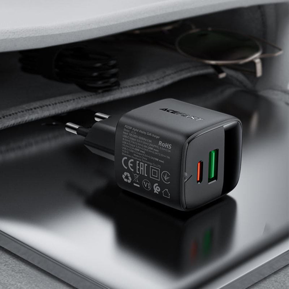 Acefast A114 Display Netzladegerät, 25W, 3A, 1 x USB-A - 1 x USB-C, Schwarz