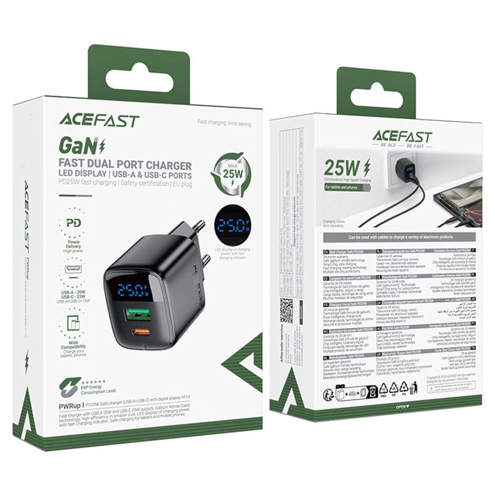 Acefast A114 Display Netzladegerät, 25W, 3A, 1 x USB-A - 1 x USB-C, Schwarz