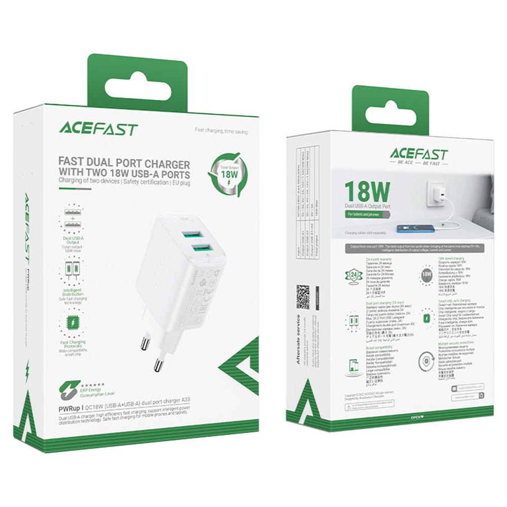 Netzladegerät Acefast A33, 18W, 3A, 2 x USB-A, Schwarz
