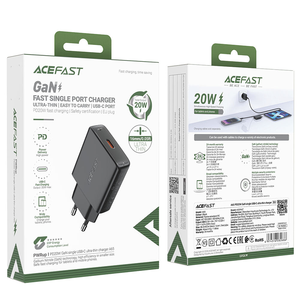 Netzladegerät Acefast A65, 20W, 3A, 1 x USB-C, Schwarz