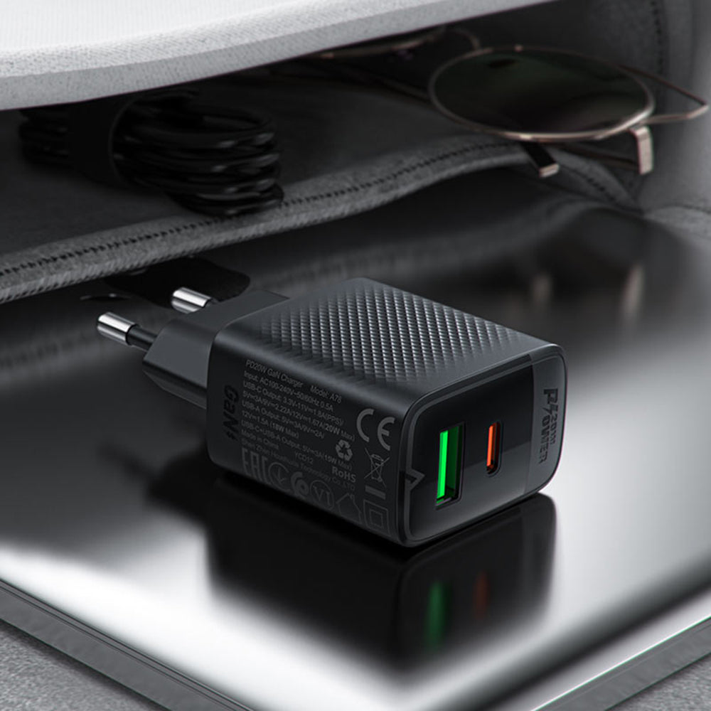 Acefast A78 Netzladegerät, 20W, 3A, 1 x USB-A - 1 x USB-C, Schwarz