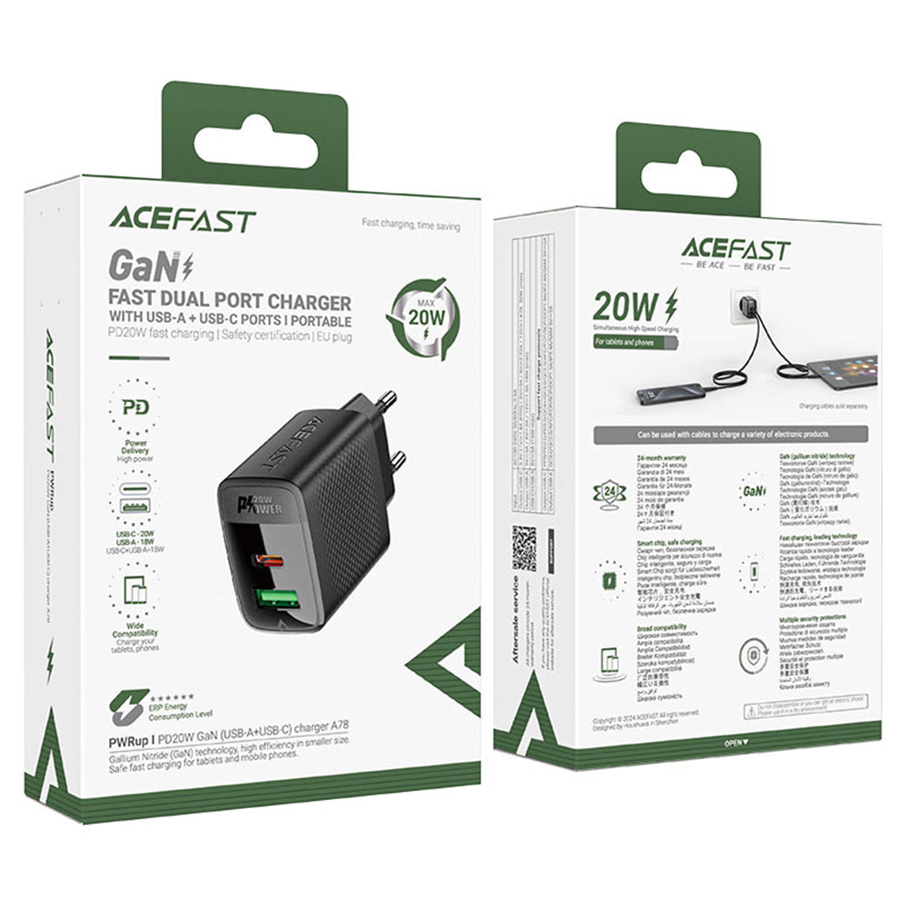Acefast A78 Netzladegerät, 20W, 3A, 1 x USB-A - 1 x USB-C, Schwarz