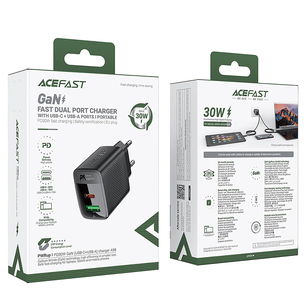 Netzladegerät Acefast A98, 30W, 3A, 1 x USB-A - 1 x USB-C, Schwarz
