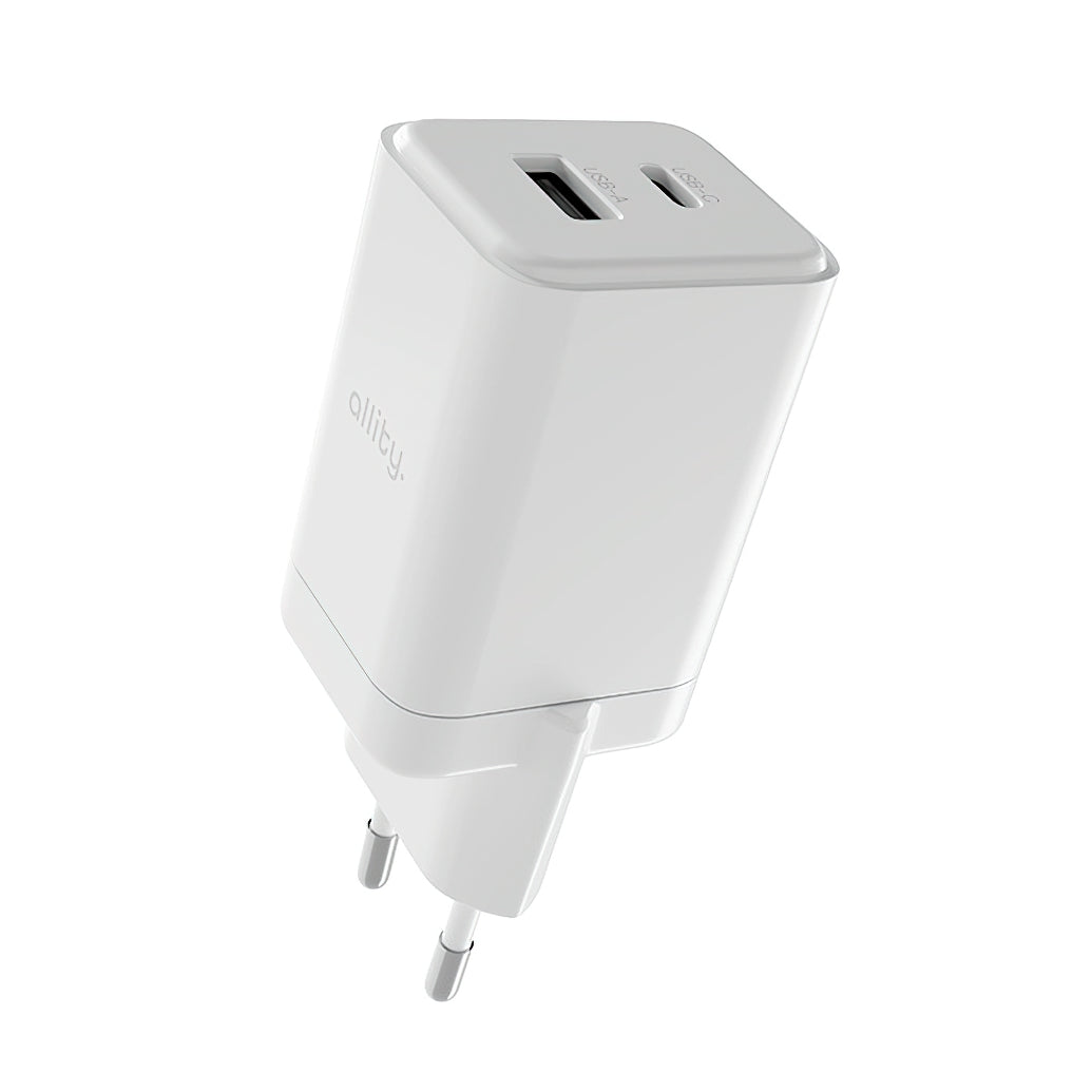 Netzladegerät Allity. ATC-01-45WCC Fast, 45W, 3A, 1 x USB-A - 1 x USB-C, Weiß.