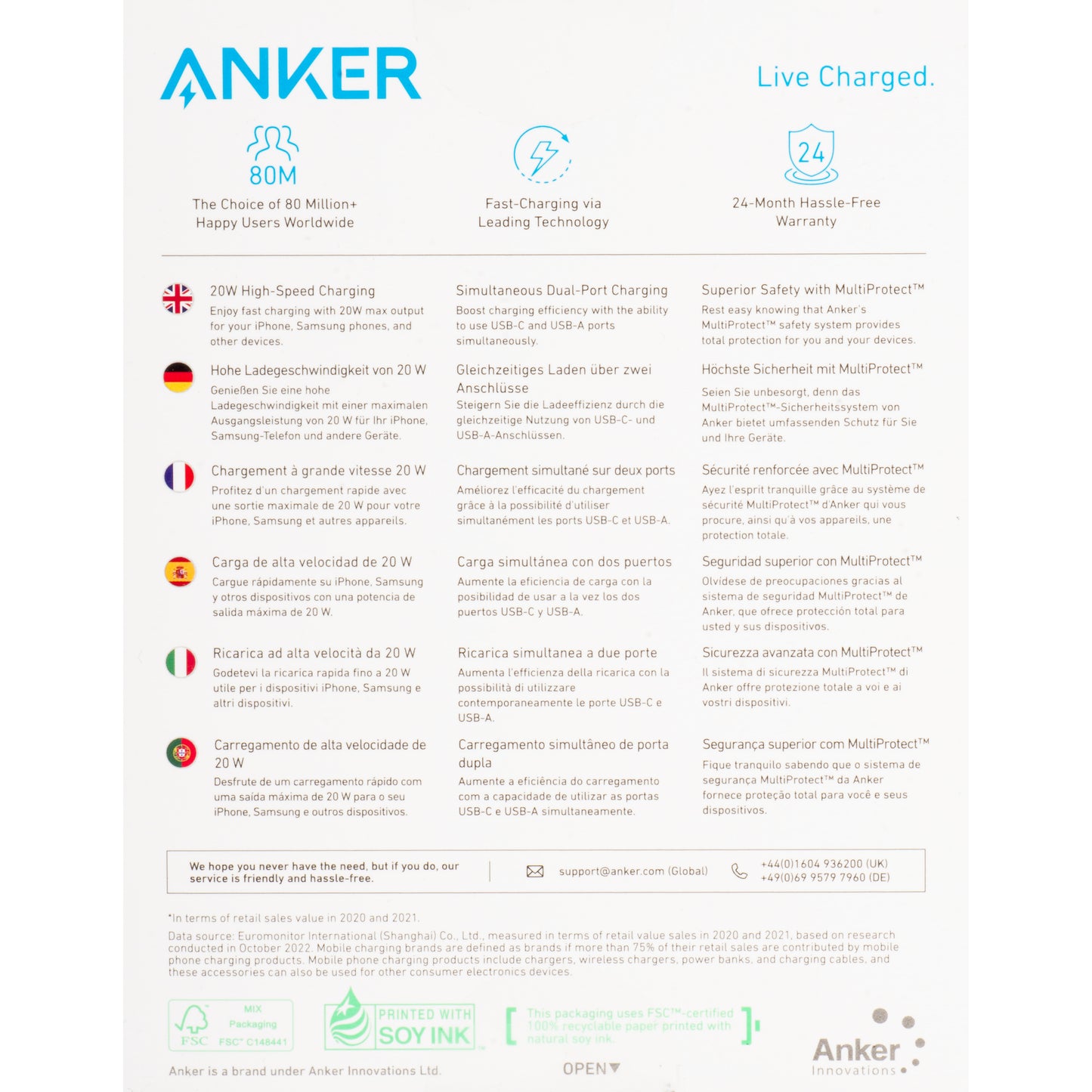 Anker 312 Netzwerk-Ladegerät, 20W, 3A, 1 x USB-A - 1 x USB-C, Weiß A2348G21