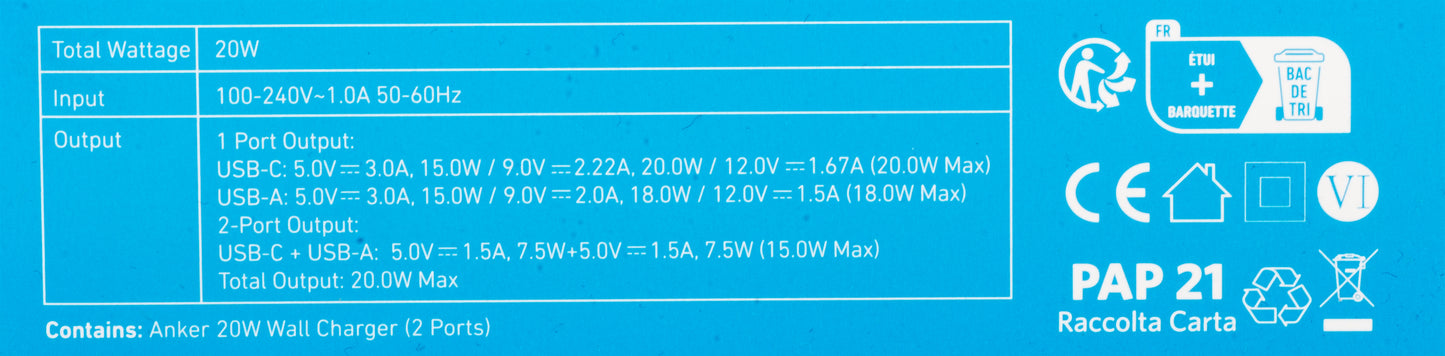 Anker 312 Netzwerk-Ladegerät, 20W, 3A, 1 x USB-A - 1 x USB-C, Weiß A2348G21