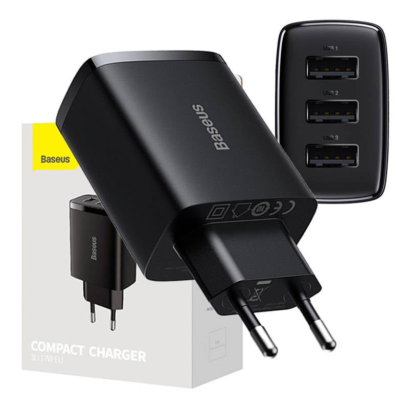 Network Charger Baseus Compact 3U, 17W, 2.1A, 3 x USB-A, Black CCXJ020101