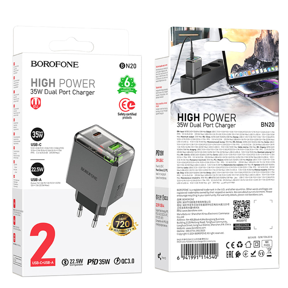 Netzladegerät Borofone BN20 Lena, 35W, 3A, 1 x USB-A - 1 x USB-C, Grau
