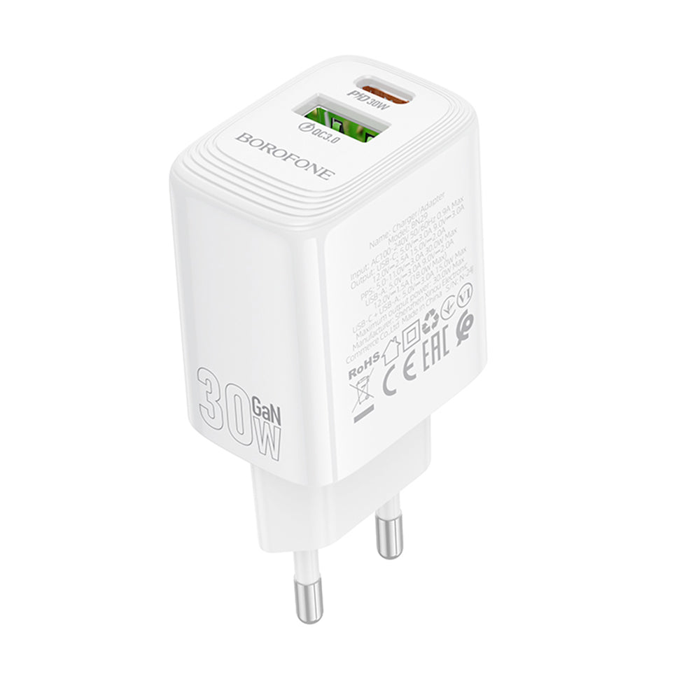 Netzladegerät Borofone BN29 Fuente, 30W, 3A, 1 x USB-A - 1 x USB-C, Weiß