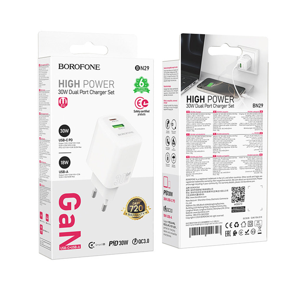 Netzladegerät Borofone BN29 Fuente, 30W, 3A, 1 x USB-A - 1 x USB-C, Weiß