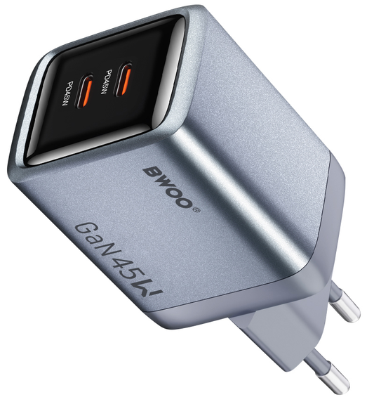 Netzteil BWOO BO-CDA239, 45W, 3A, 2 x USB-C, Grau