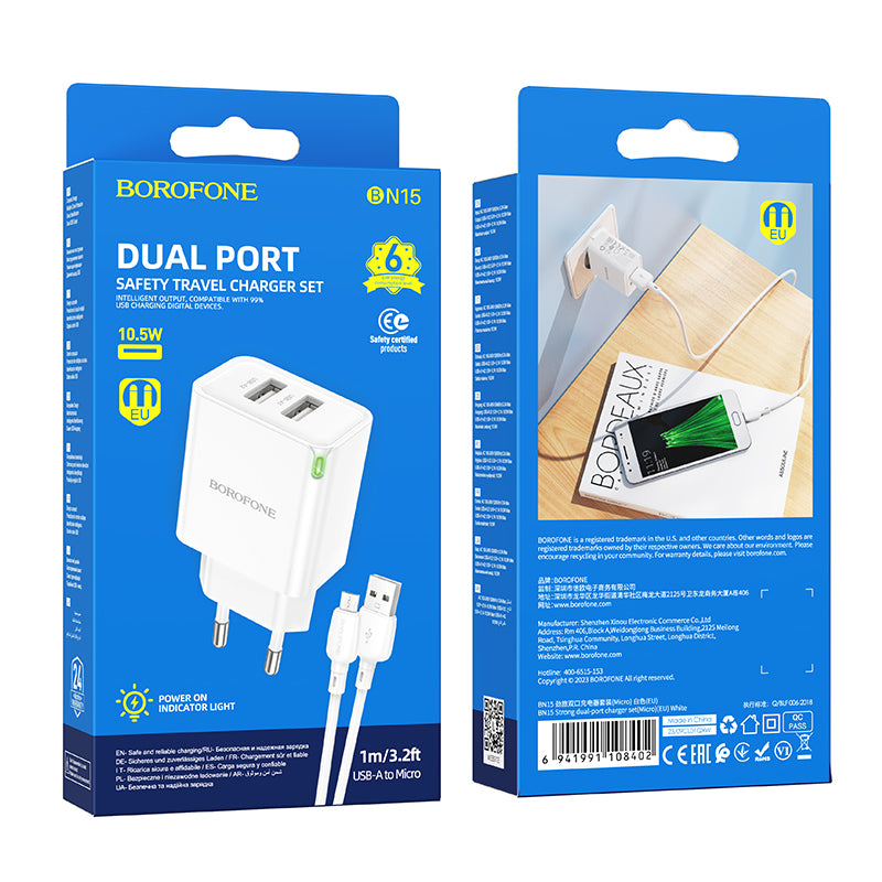 Netzwerk-Ladegerät mit microUSB-Kabel Borofone BN15 Strong, 10.5W, 2.1A, 2 x USB-A, Weiß