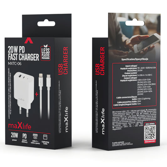 MaXlife MXTC-06-20AC MaXlife MXTC-06-20AC Netzwerk-Ladegerät mit Lightning-Kabel, 20W, 3A, 1 x USB-A - 1 x USB-C, Weiß