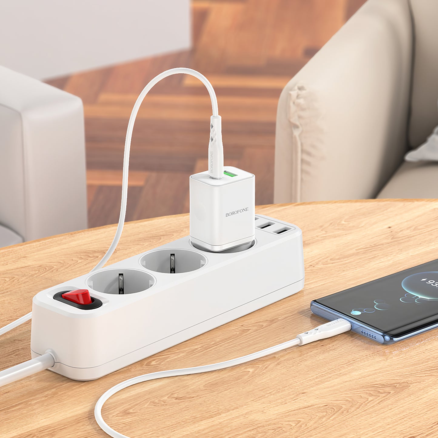 Netzwerk-Ladegerät mit USB-C Kabel Borofone BN7, 20W, 3A, 1 x USB-A - 1 x USB-C, Weiß