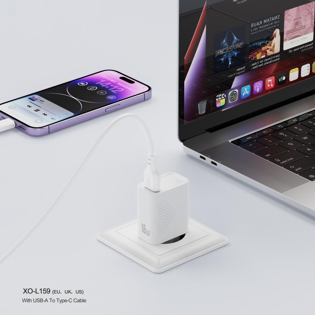 Netzladegerät mit USB-C Kabel XO Design L159, 18W, 3A, 1 x USB-A, Weiß