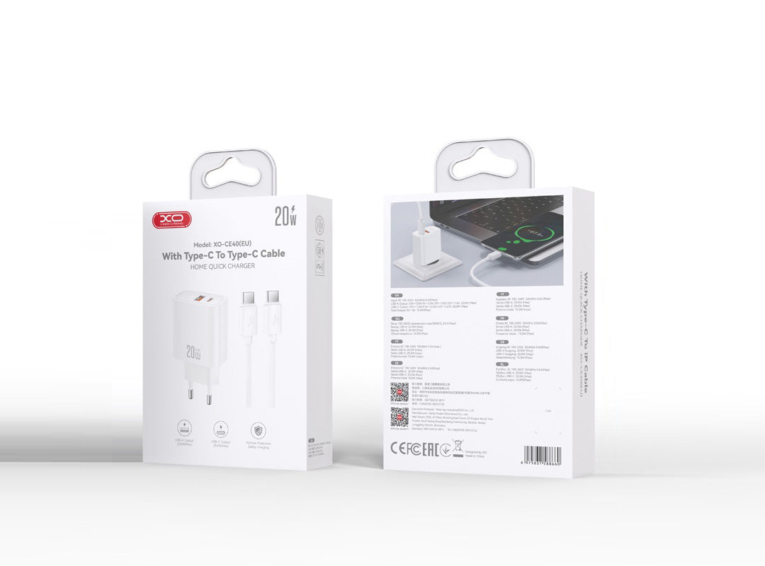 Netzteil mit USB-C-Kabel XO Design CE40, 20W, 3A, 1 x USB-A - 1 x USB-C, Weiß