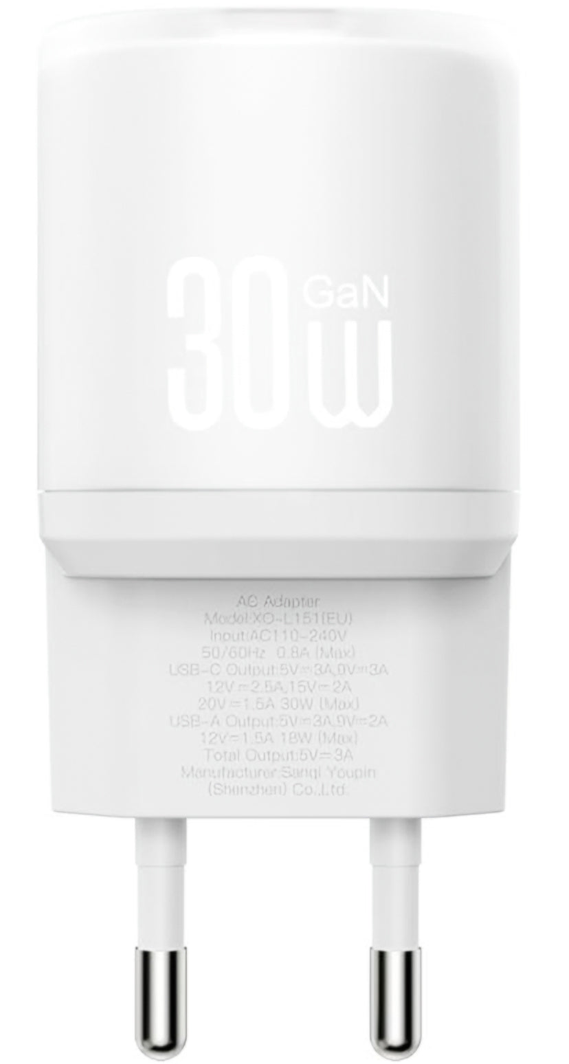 Netzladegerät mit Lightning-Kabel XO Design L151, 30W, 3A, 1 x USB-A - 1 x USB-C, Weiß
