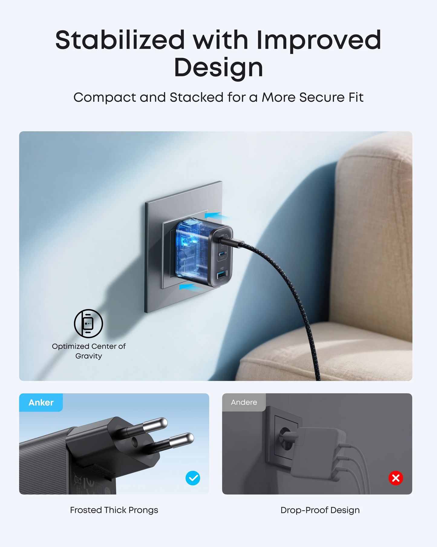 Netzladegerät mit USB-C Kabel Anker Nano, 70W, 3.5A, 1 x USB-A - 2 x USB-C, Grau B121A311