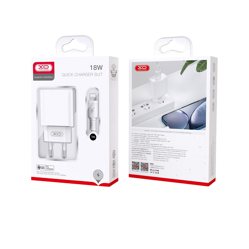 Network Charger with USB-C Cable XO Design CE02D, 18W, 3A, 1 x USB-A, White